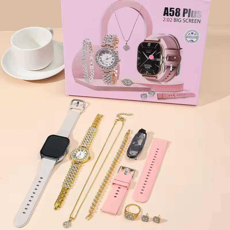 A58 Plus Smartwatch & Jewelry Gift Set – 2.02" Display + Bracelets + Necklace