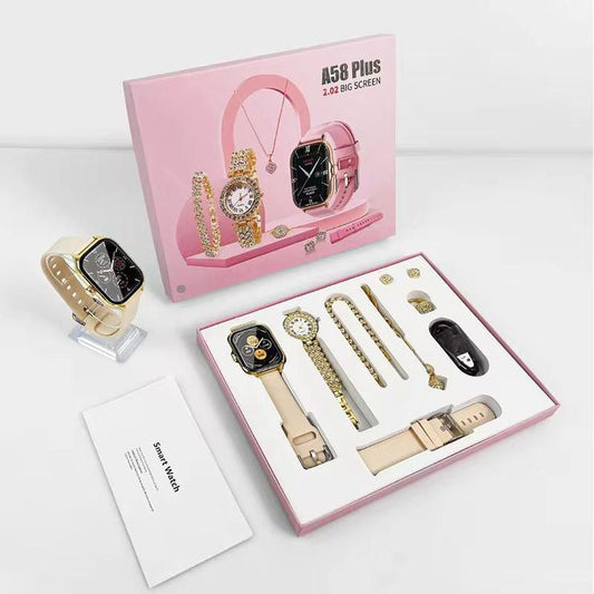A58 Plus Smartwatch & Jewelry Gift Set – 2.02" Display + Bracelets + Necklace